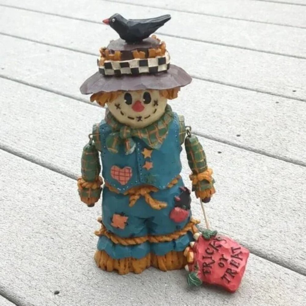 Vintage Wooden Scarecrow Figurine with Trick or Treat Bag Decor